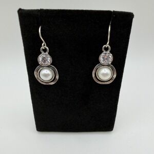 Didae Israel 925 Sterling Silver Pearl & CZ Crystal Circle Dangle Earrings
